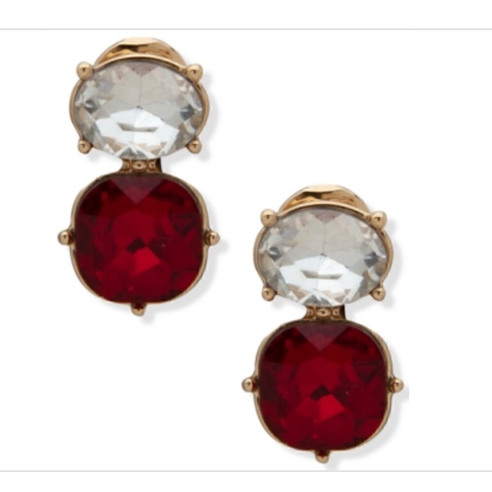 NWT Anne Klein Red Gold Tone Princess Oval Button Siam Crystal Clip Earrings